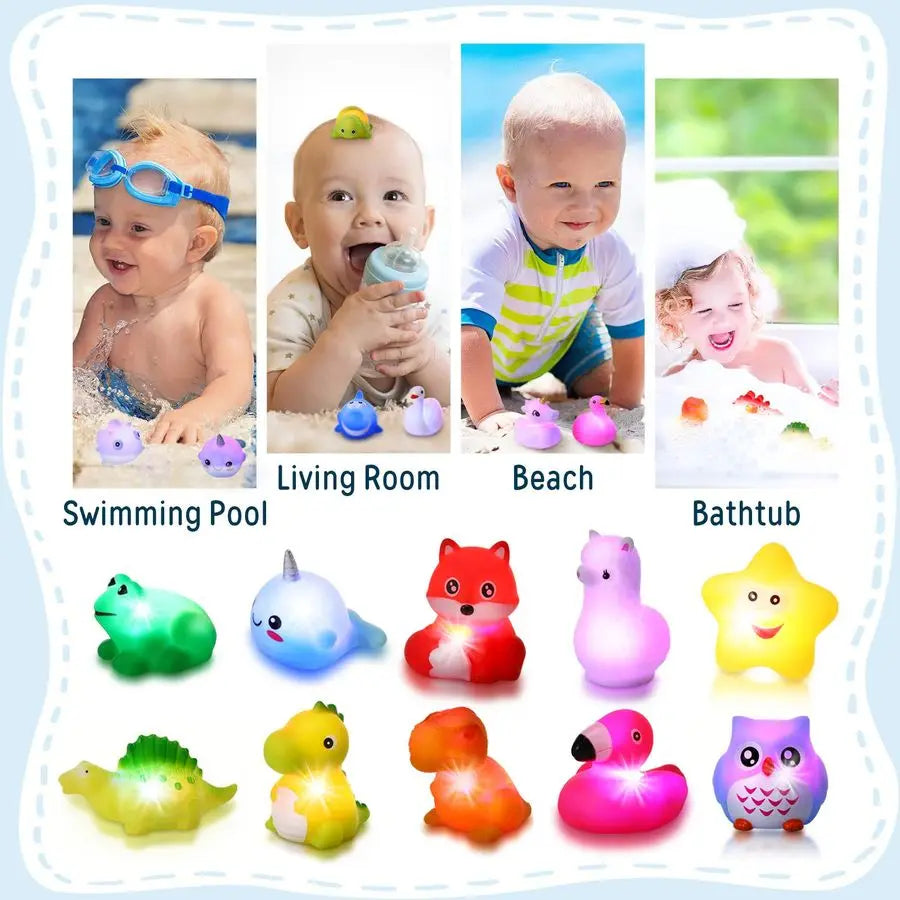Packs Baby Bath Light Up Toys, Floating Rubber Animal Toys for Toddlers Infant Kids Boys Girls Flashing Color Changing Light in