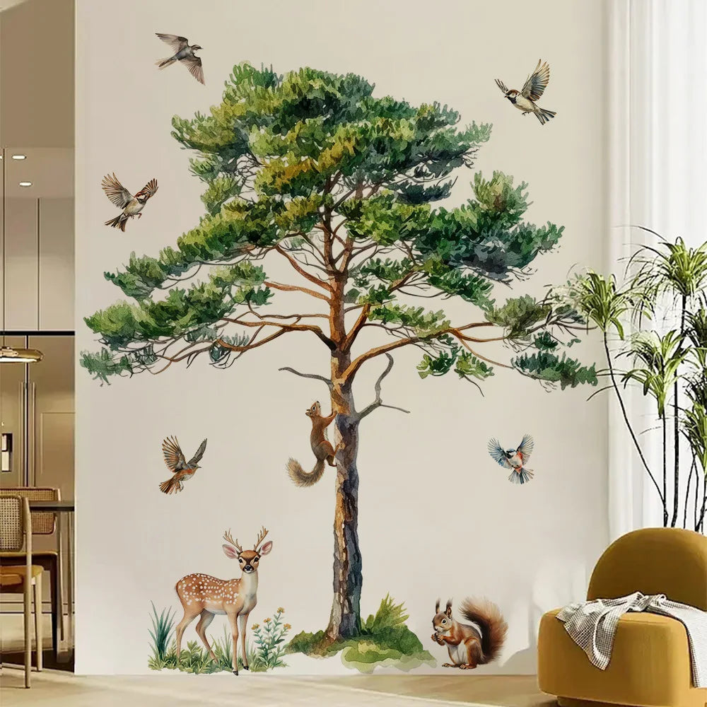 Watercolor Pine Tree Wall Decal with Squirrels, Deer and Birds, Removable Forest Animal Wall Stickers for Bedroom Nursery