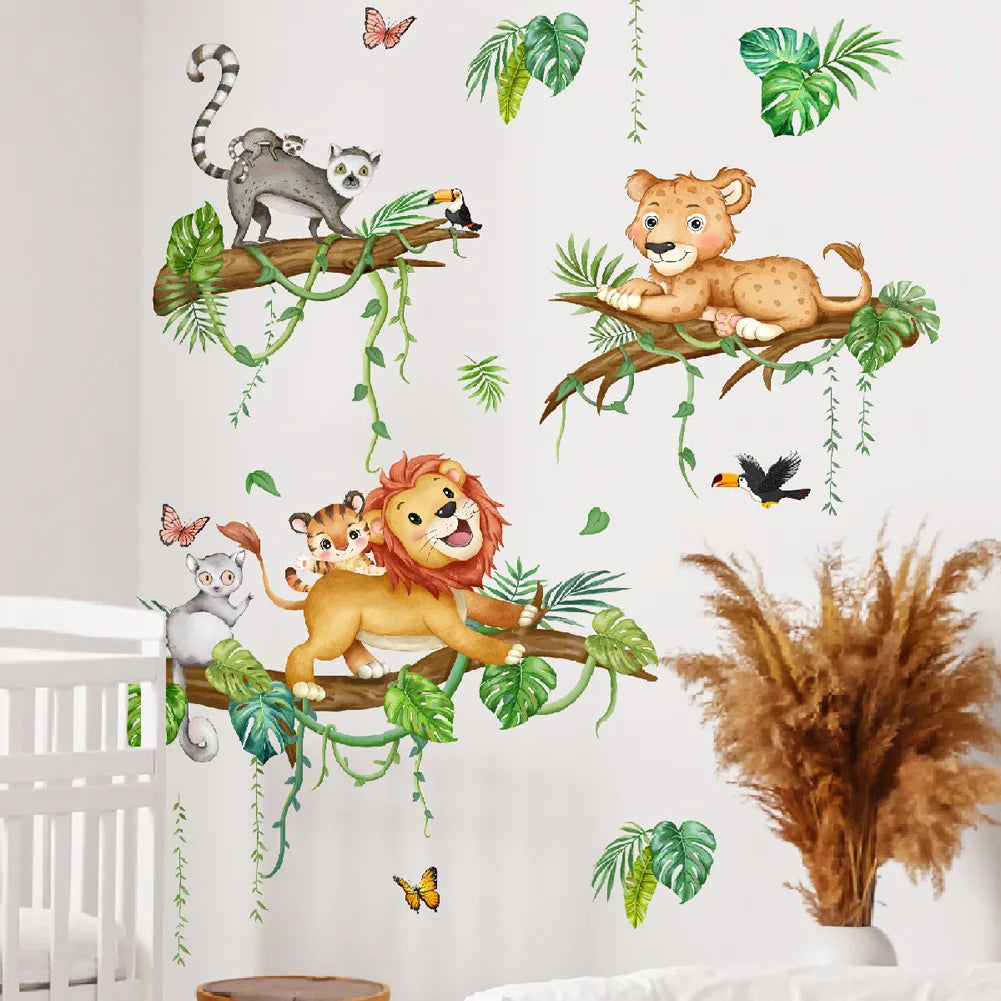 Cartoon Forest Animals Wall Sticker For Kids Bedroom Decoration Mural Cute Lion Raccoon Nursery Decor Self-adhesive Room Decals