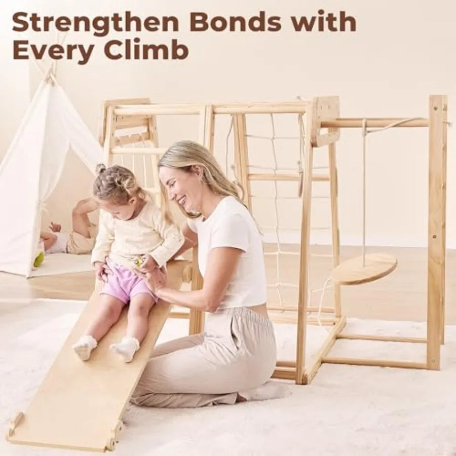 8 in 1 Indoor Jungle Gym for 1-6 Wooden Indoor Playground with Slide and Swing Montessori Climbing Set with Climbing Net and Mo