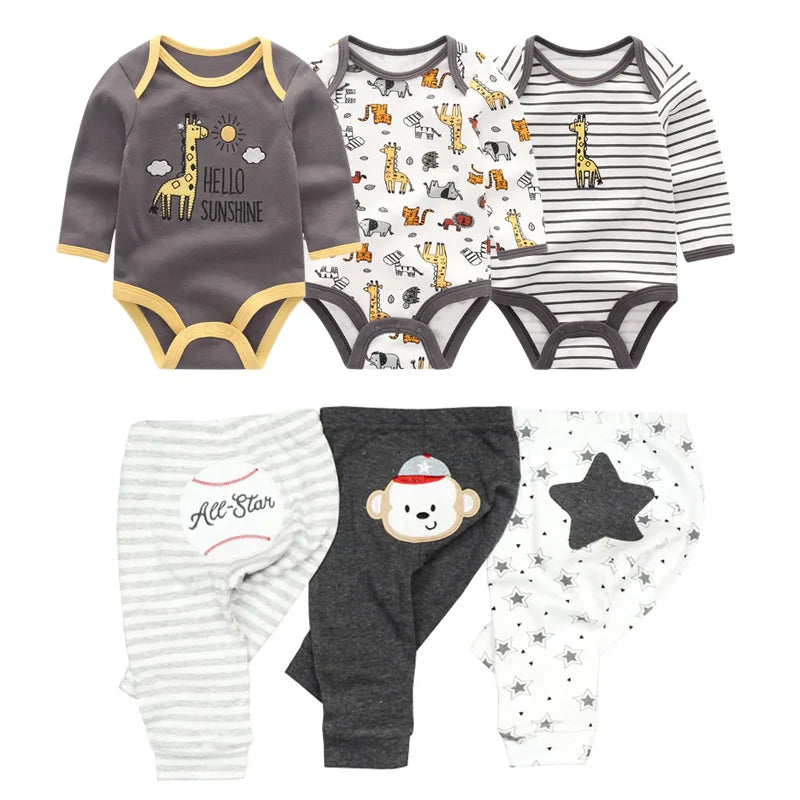 6/8PCS Cotton Baby Boy Clothes Sets Print Bodysuits+Pants Newborn Baby Girl Clothes Long Sleeve Spring Autumn