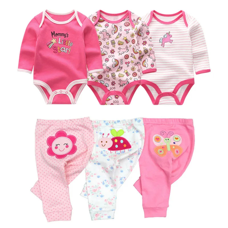 6/8PCS Cotton Baby Boy Clothes Sets Print Bodysuits+Pants Newborn Baby Girl Clothes Long Sleeve Spring Autumn