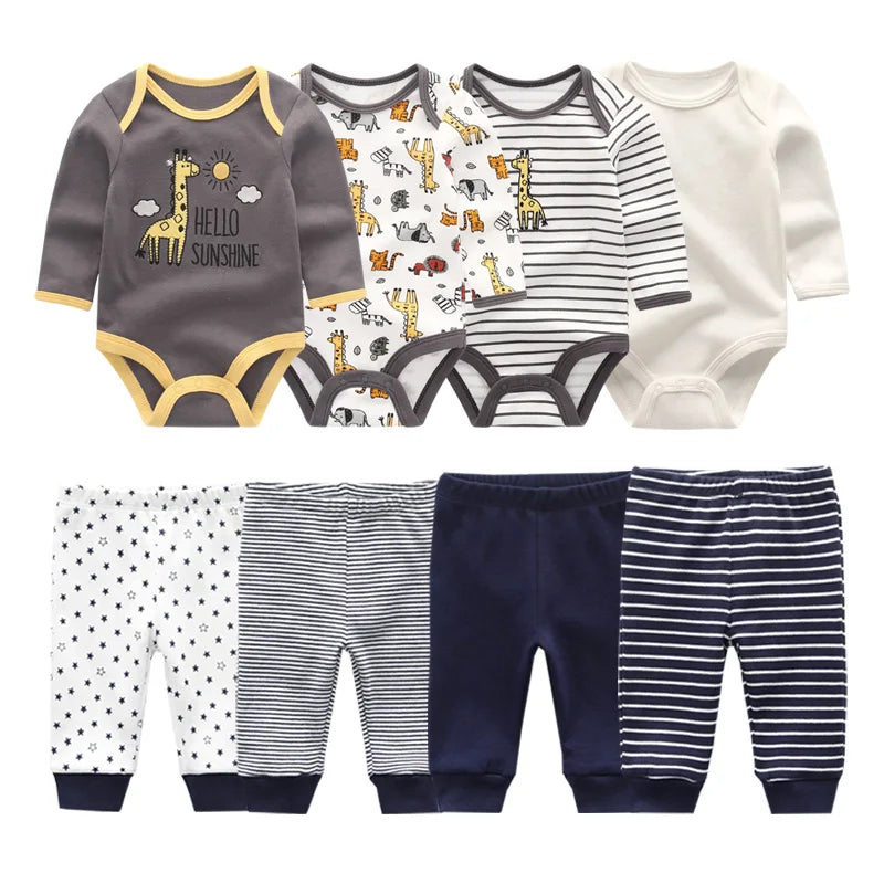 6/8PCS Cotton Baby Boy Clothes Sets Print Bodysuits+Pants Newborn Baby Girl Clothes Long Sleeve Spring Autumn