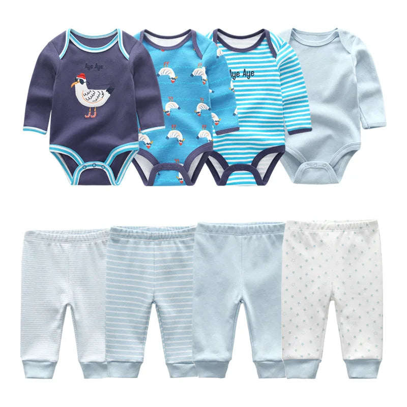 6/8PCS Cotton Baby Boy Clothes Sets Print Bodysuits+Pants Newborn Baby Girl Clothes Long Sleeve Spring Autumn