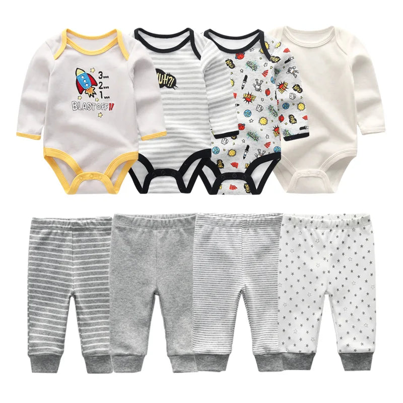 6/8PCS Cotton Baby Boy Clothes Sets Print Bodysuits+Pants Newborn Baby Girl Clothes Long Sleeve Spring Autumn