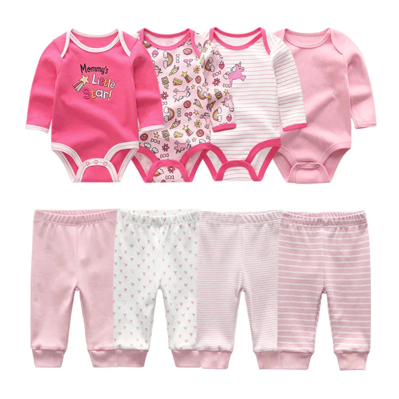 6/8PCS Cotton Baby Boy Clothes Sets Print Bodysuits+Pants Newborn Baby Girl Clothes Long Sleeve Spring Autumn