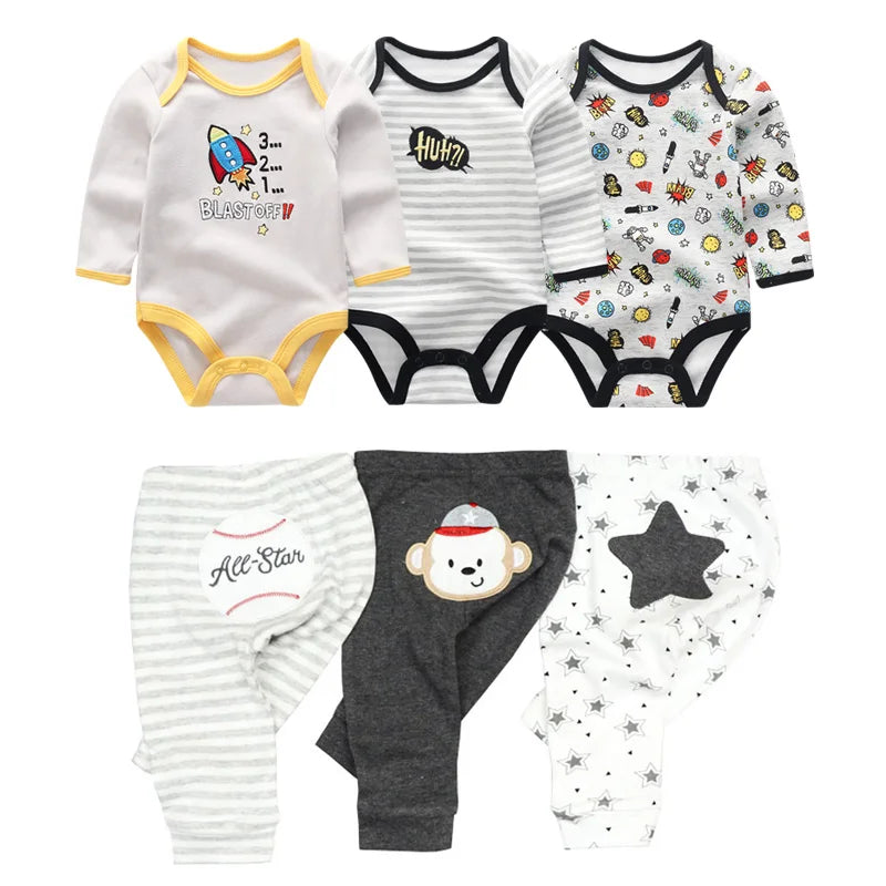 6/8PCS Cotton Baby Boy Clothes Sets Print Bodysuits+Pants Newborn Baby Girl Clothes Long Sleeve Spring Autumn