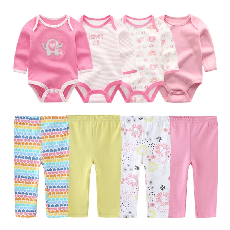6/8PCS Cotton Baby Boy Clothes Sets Print Bodysuits+Pants Newborn Baby Girl Clothes Long Sleeve Spring Autumn
