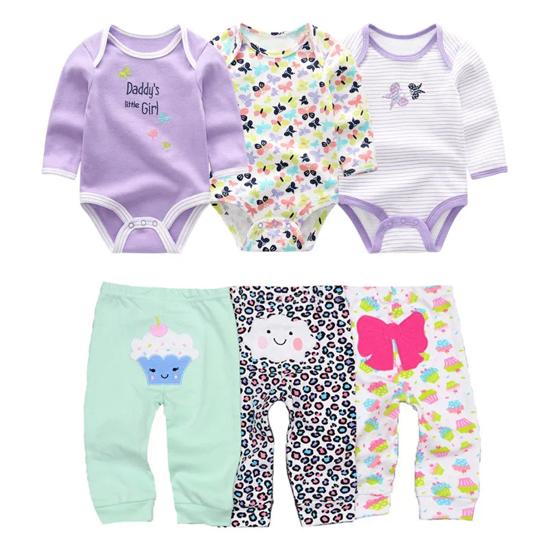 6/8PCS Cotton Baby Boy Clothes Sets Print Bodysuits+Pants Newborn Baby Girl Clothes Long Sleeve Spring Autumn