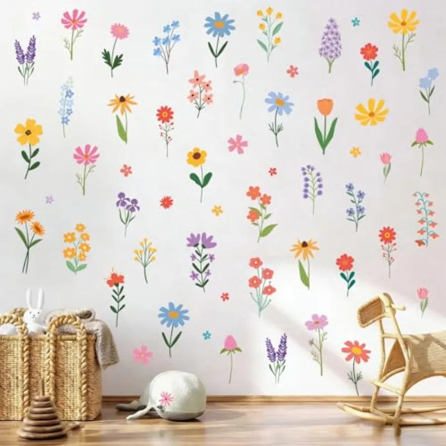 Spring Flower Wall Stickers 8 Sheets Wildflower Wall Decals Peel and Stick Floral Wall Decor for Girls Bedroom Nursery Spring R