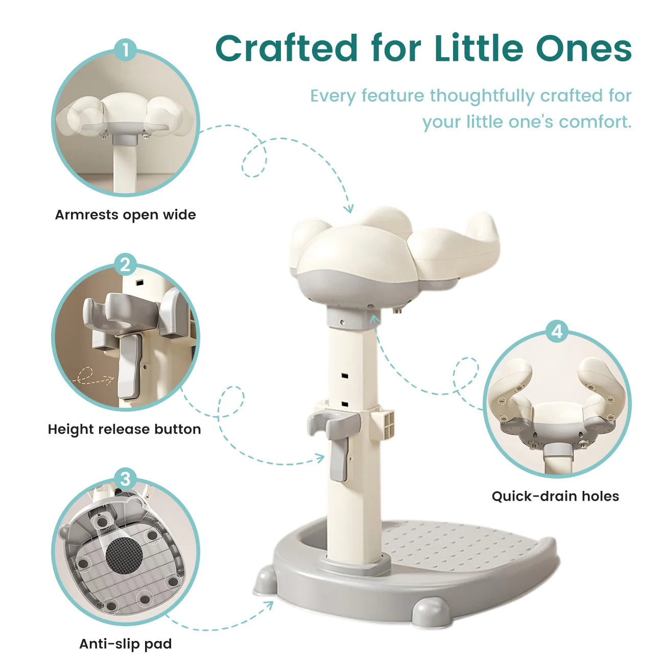 Baby Bath Stand with Hug-Like Design, Height Adjustable Toddler Bath Helper, Anti-Slip Shower Support for Front & Back Wash