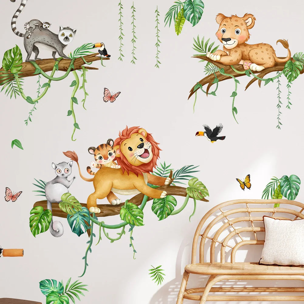 Cartoon Forest Animals Wall Sticker For Kids Bedroom Decoration Mural Cute Lion Raccoon Nursery Decor Self-adhesive Room Decals