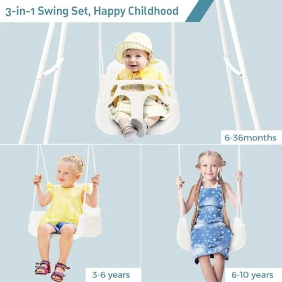 Toddler Swing with Foldable Metal Stand for Toddlers Aged 1~10 Years 3-in-1 Baby Swing Set with 4 Sandbags for Backyard/Indoor/