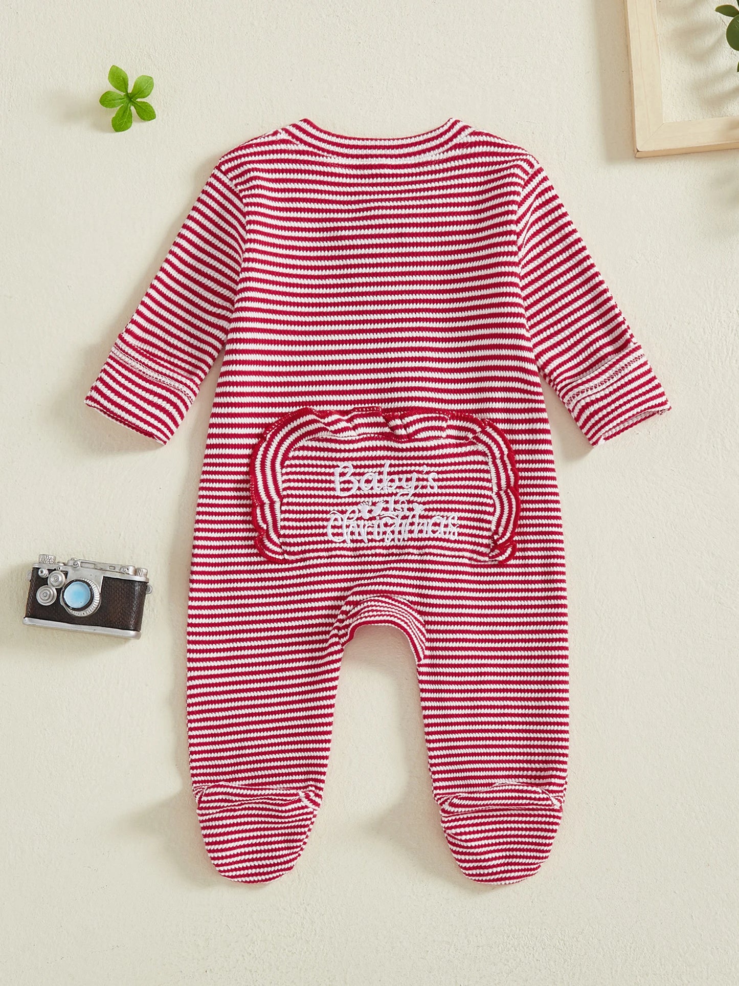 Infant Unisex Bodysuit Round Neck Long Sleeve  Striped Footed Pajama with Full-Length Zipper Closure