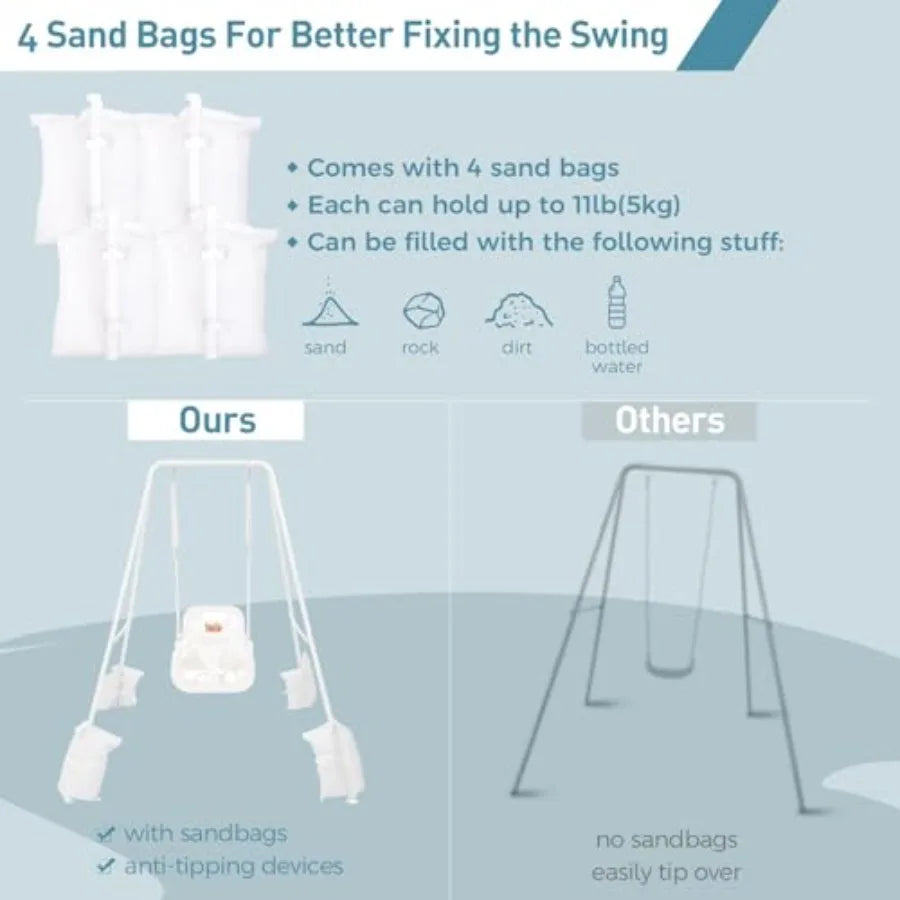 Toddler Swing with Foldable Metal Stand for Toddlers Aged 1~10 Years 3-in-1 Baby Swing Set with 4 Sandbags for Backyard/Indoor/
