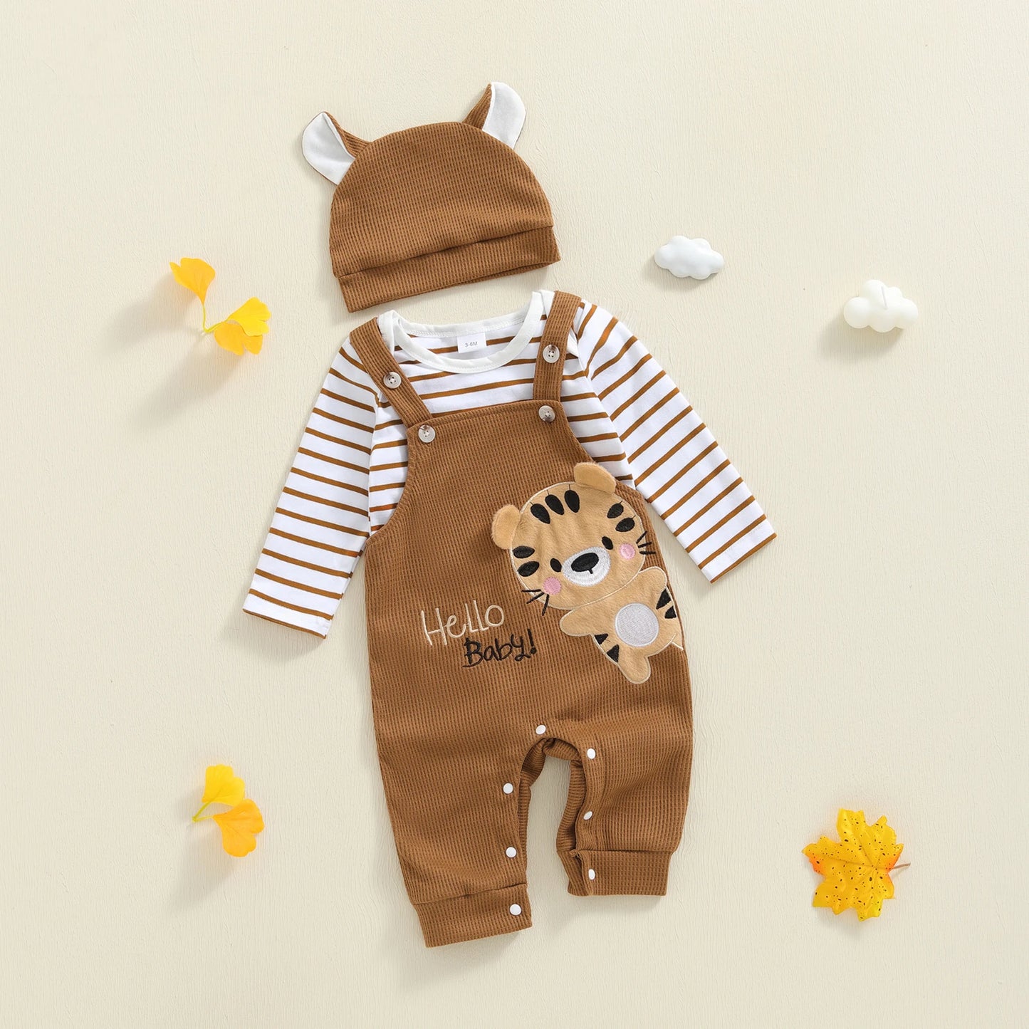 0-18M Infant Baby Boy's Clothing Sets Fashionable Long Sleeve Striped Romper with Tiger Embroidered Overalls and Hat