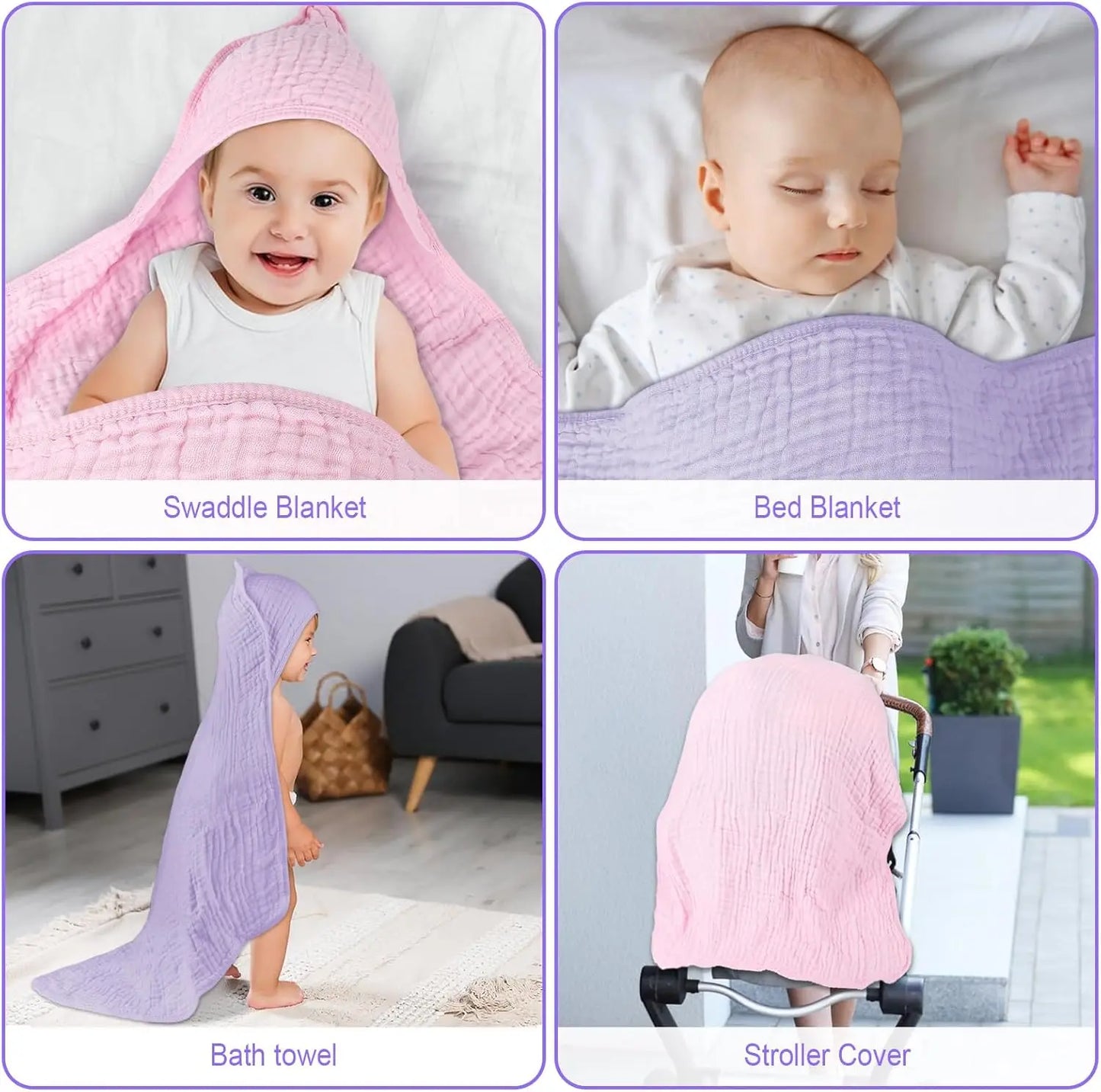 2 Pack Hooded Muslin Cotton Baby Towels, 32x32 Inch, Pink & Purple - Soft and Absorbent for Newborns