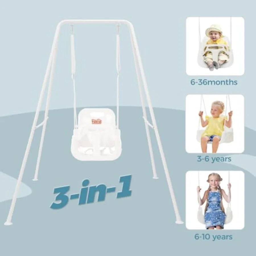 Toddler Swing with Foldable Metal Stand for Toddlers Aged 1~10 Years 3-in-1 Baby Swing Set with 4 Sandbags for Backyard/Indoor/