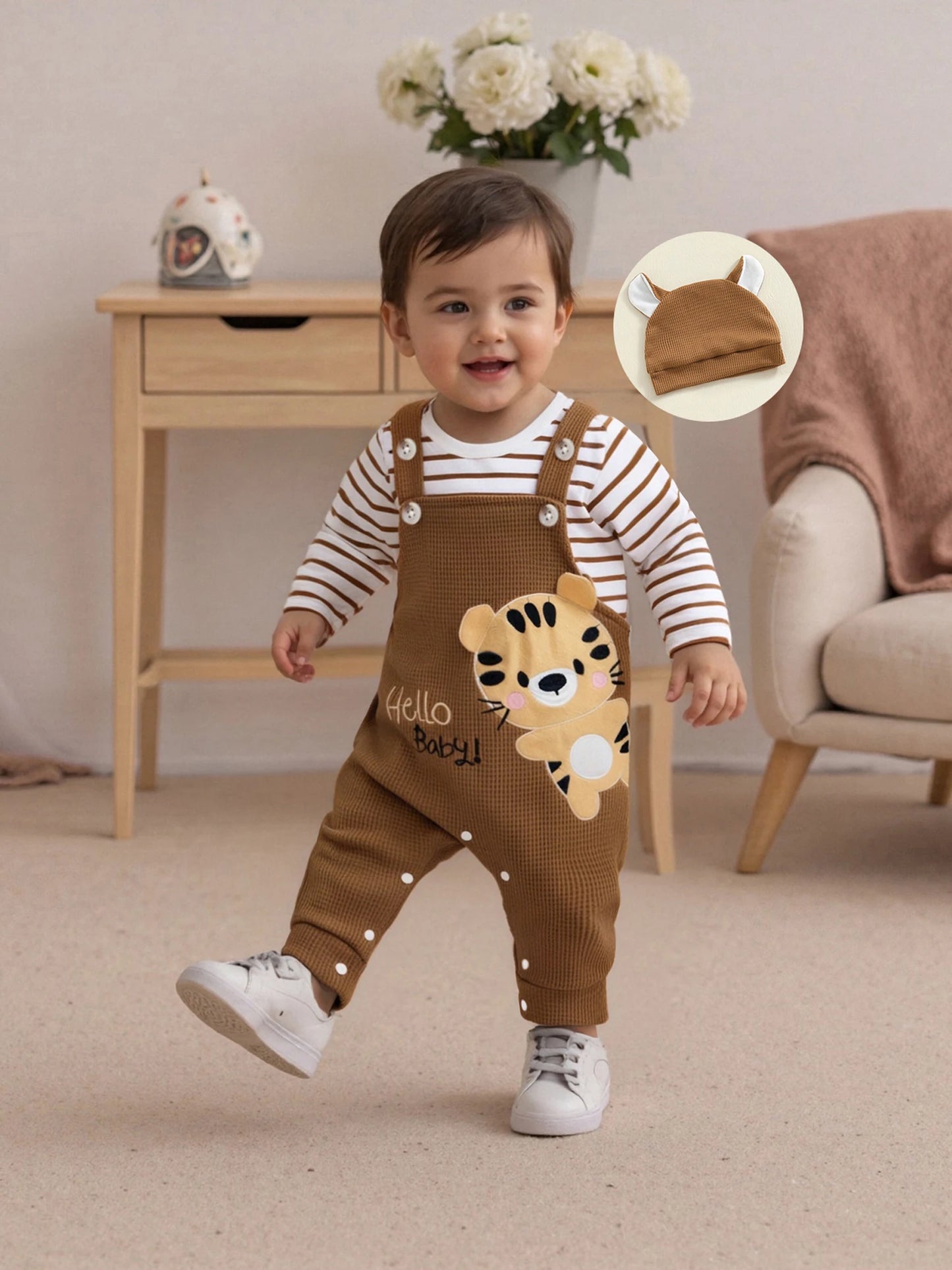 0-18M Infant Baby Boy's Clothing Sets Fashionable Long Sleeve Striped Romper with Tiger Embroidered Overalls and Hat
