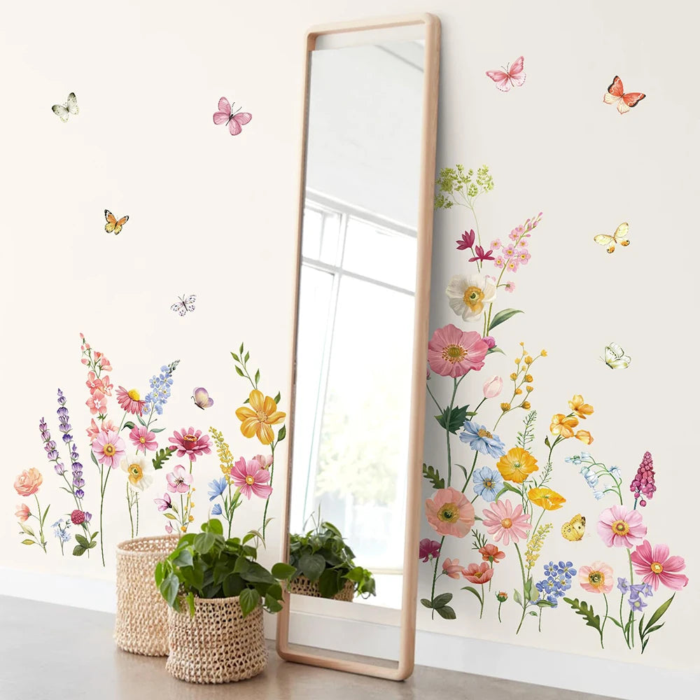Daisy Wildflower Flower Wall Stickers Baby Nursery Grass Butterflies Wall Decals Bedroom Living Room Home Office Wall Decor