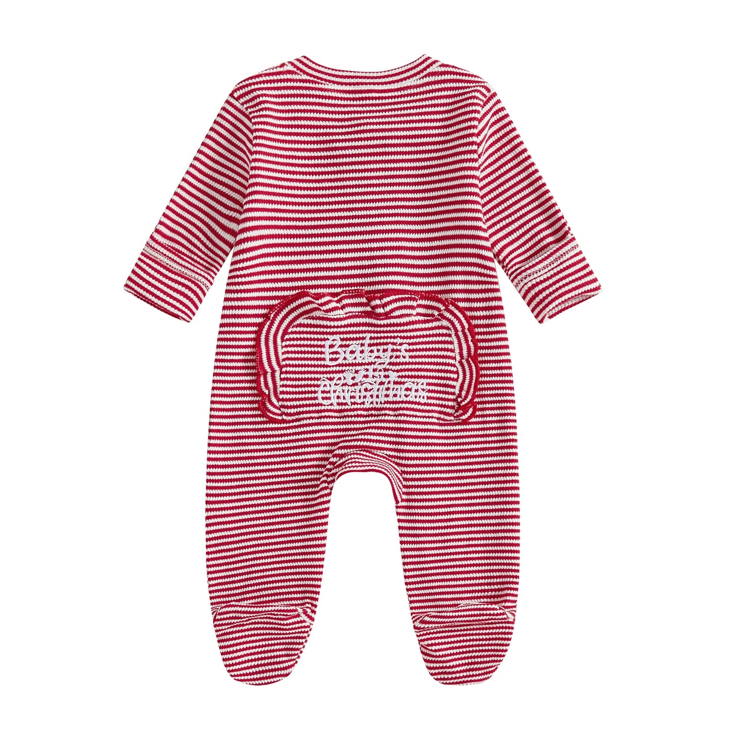 Infant Unisex Bodysuit Round Neck Long Sleeve  Striped Footed Pajama with Full-Length Zipper Closure