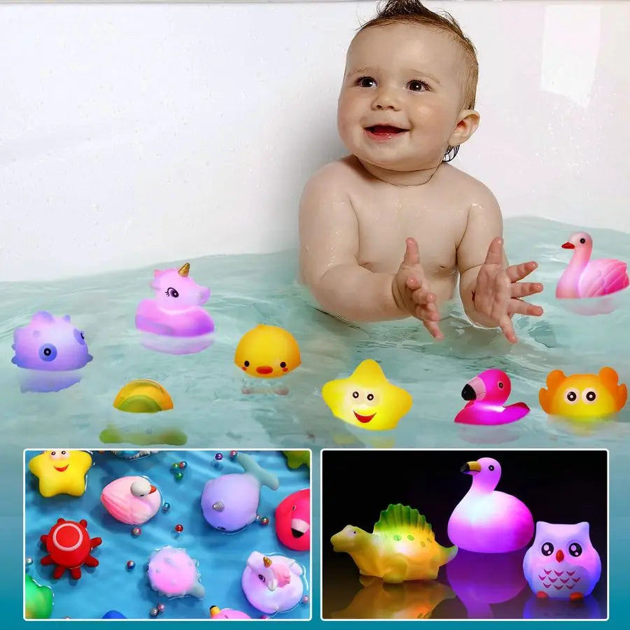 Packs Baby Bath Light Up Toys, Floating Rubber Animal Toys for Toddlers Infant Kids Boys Girls Flashing Color Changing Light in