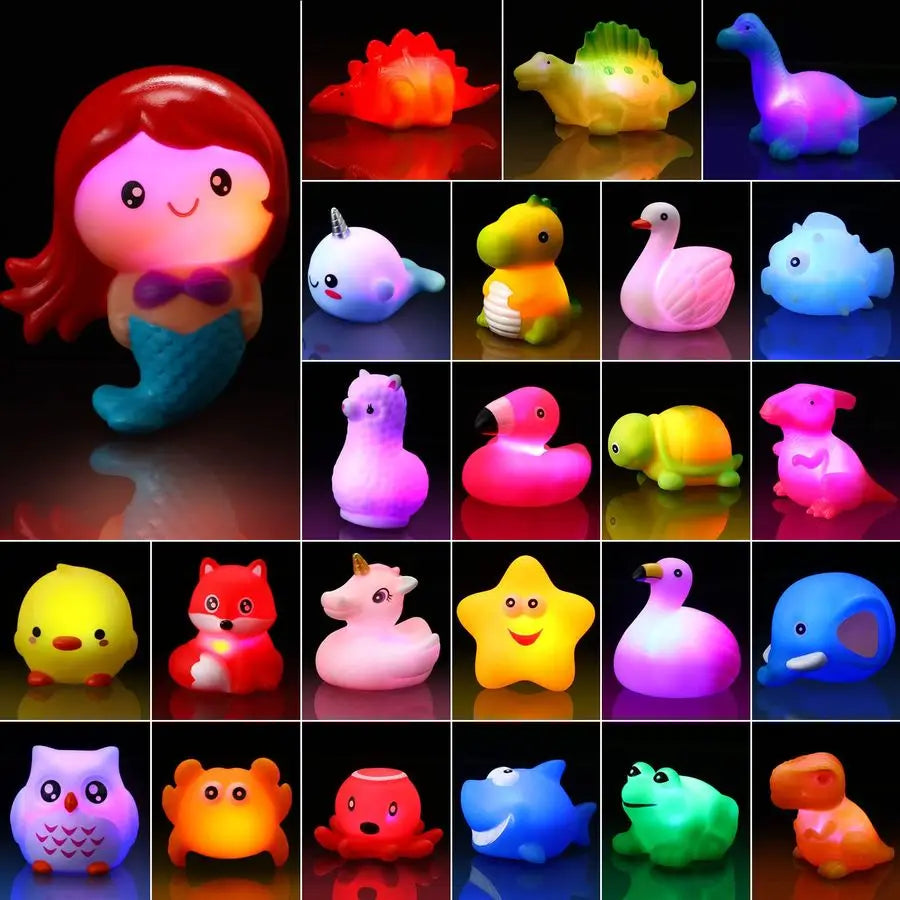 Packs Baby Bath Light Up Toys, Floating Rubber Animal Toys for Toddlers Infant Kids Boys Girls Flashing Color Changing Light in