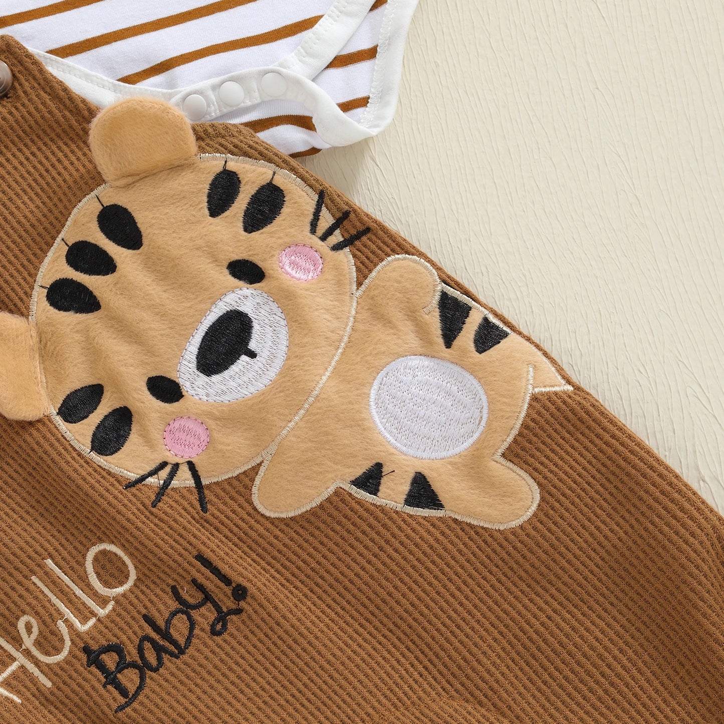 0-18M Infant Baby Boy's Clothing Sets Fashionable Long Sleeve Striped Romper with Tiger Embroidered Overalls and Hat