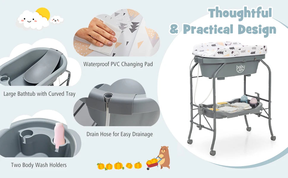 Baby Bathtub with Changing Table, Foldable Infant Diaper Changing Station with Storage Tray, Waterproof Pad, Portable