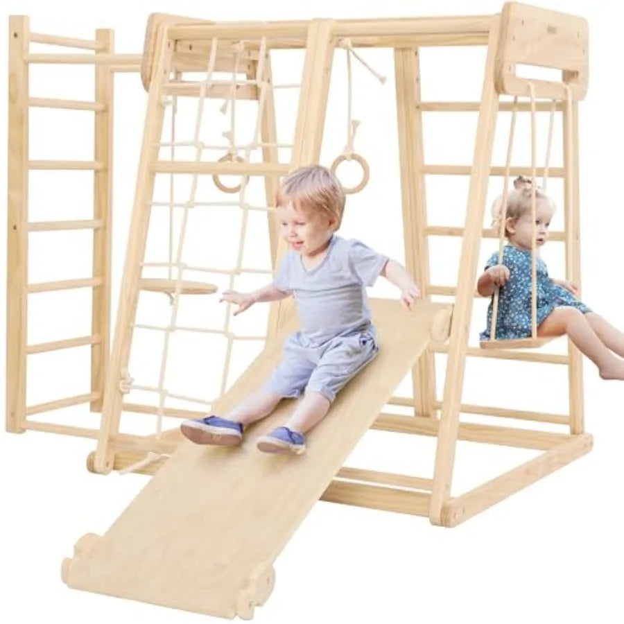 8 in 1 Indoor Jungle Gym for 1-6 Wooden Indoor Playground with Slide and Swing Montessori Climbing Set with Climbing Net and Mo