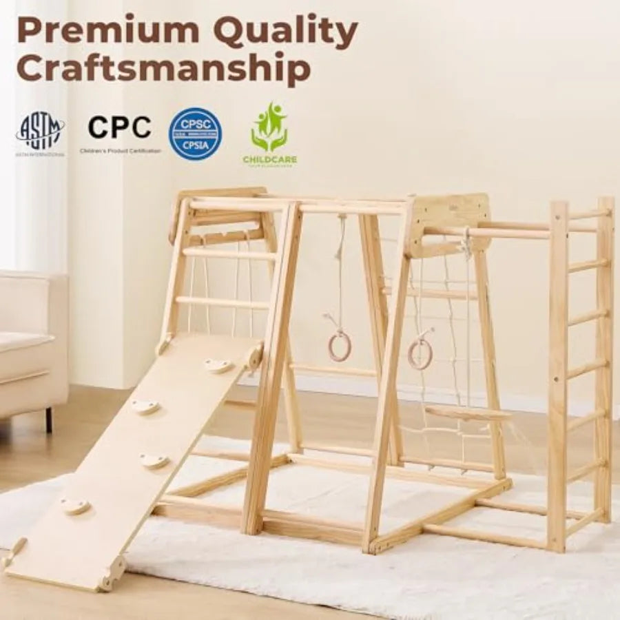 8 in 1 Indoor Jungle Gym for 1-6 Wooden Indoor Playground with Slide and Swing Montessori Climbing Set with Climbing Net and Mo