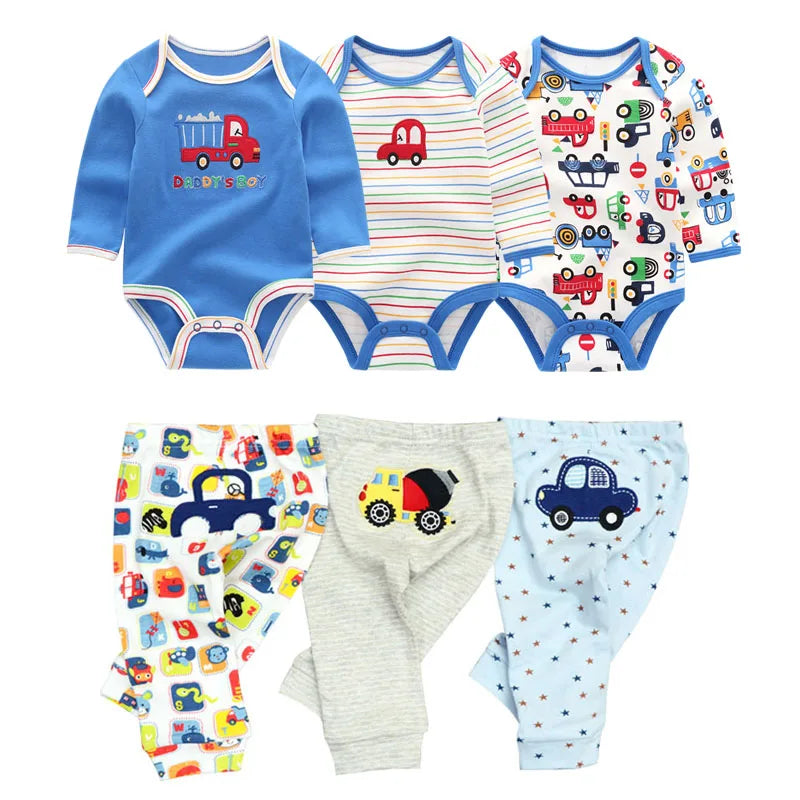 6/8PCS Cotton Baby Boy Clothes Sets Print Bodysuits+Pants Newborn Baby Girl Clothes Long Sleeve Spring Autumn