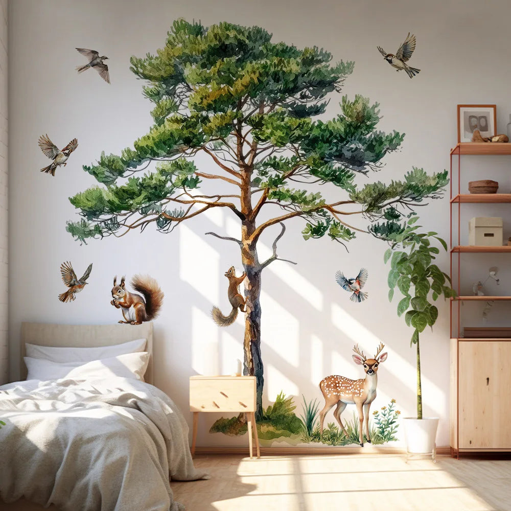 Watercolor Pine Tree Wall Decal with Squirrels, Deer and Birds, Removable Forest Animal Wall Stickers for Bedroom Nursery