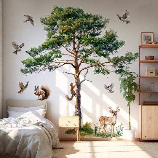 Watercolor Pine Tree Wall Decal with Squirrels, Deer and Birds, Removable Forest Animal Wall Stickers for Bedroom Nursery