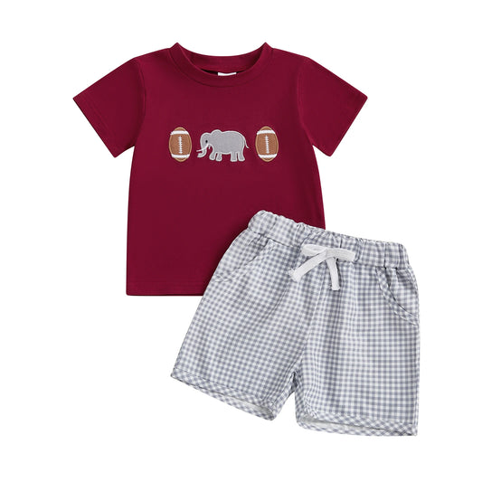 Boys Summer Outfit Set with Short Sleeve O Neck Rugby Elephant Embroidery Top and Plaid Shorts for Toddlers