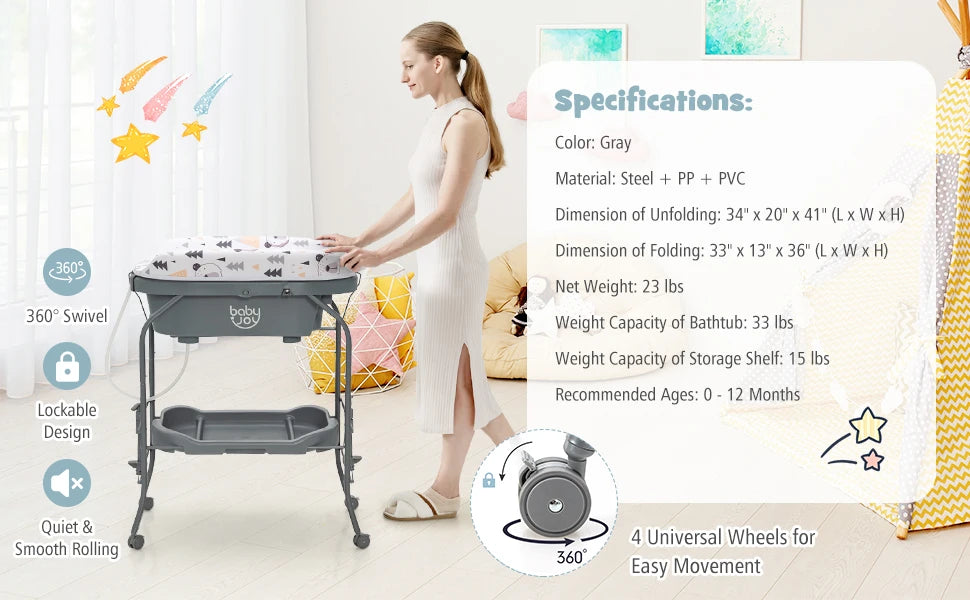 Baby Bathtub with Changing Table, Foldable Infant Diaper Changing Station with Storage Tray, Waterproof Pad, Portable
