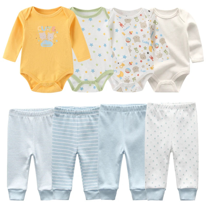 6/8PCS Cotton Baby Boy Clothes Sets Print Bodysuits+Pants Newborn Baby Girl Clothes Long Sleeve Spring Autumn