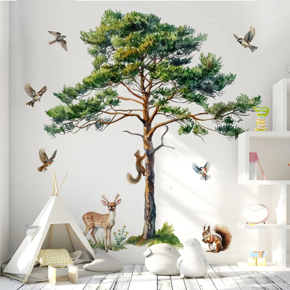 Watercolor Pine Tree Wall Decal with Squirrels, Deer and Birds, Removable Forest Animal Wall Stickers for Bedroom Nursery