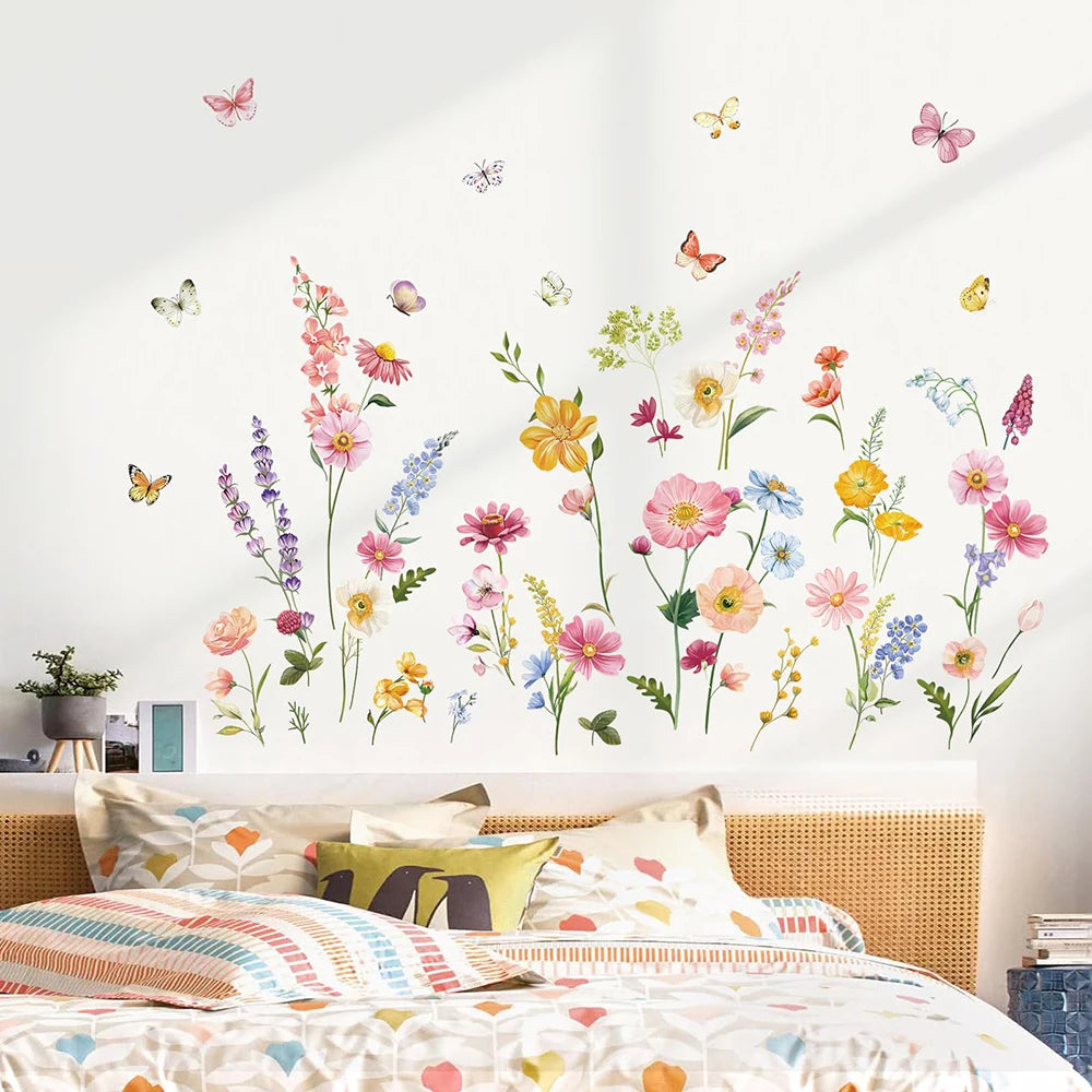Daisy Wildflower Flower Wall Stickers Baby Nursery Grass Butterflies Wall Decals Bedroom Living Room Home Office Wall Decor