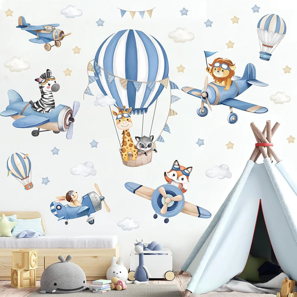 Large Blue Hot Air Balloon Animals Airplane Wall Sticker Baby Nursery Kids Room Giraffe Lion Fox Wall Decal  Bedroom Living Room