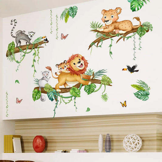 Cartoon Forest Animals Wall Sticker For Kids Bedroom Decoration Mural Cute Lion Raccoon Nursery Decor Self-adhesive Room Decals