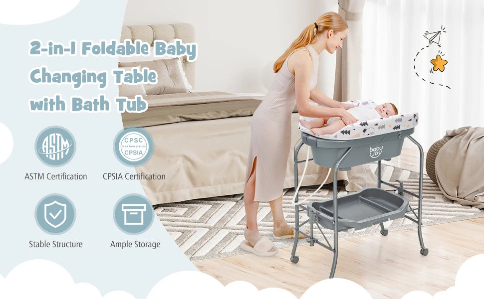 Baby Bathtub with Changing Table, Foldable Infant Diaper Changing Station with Storage Tray, Waterproof Pad, Portable