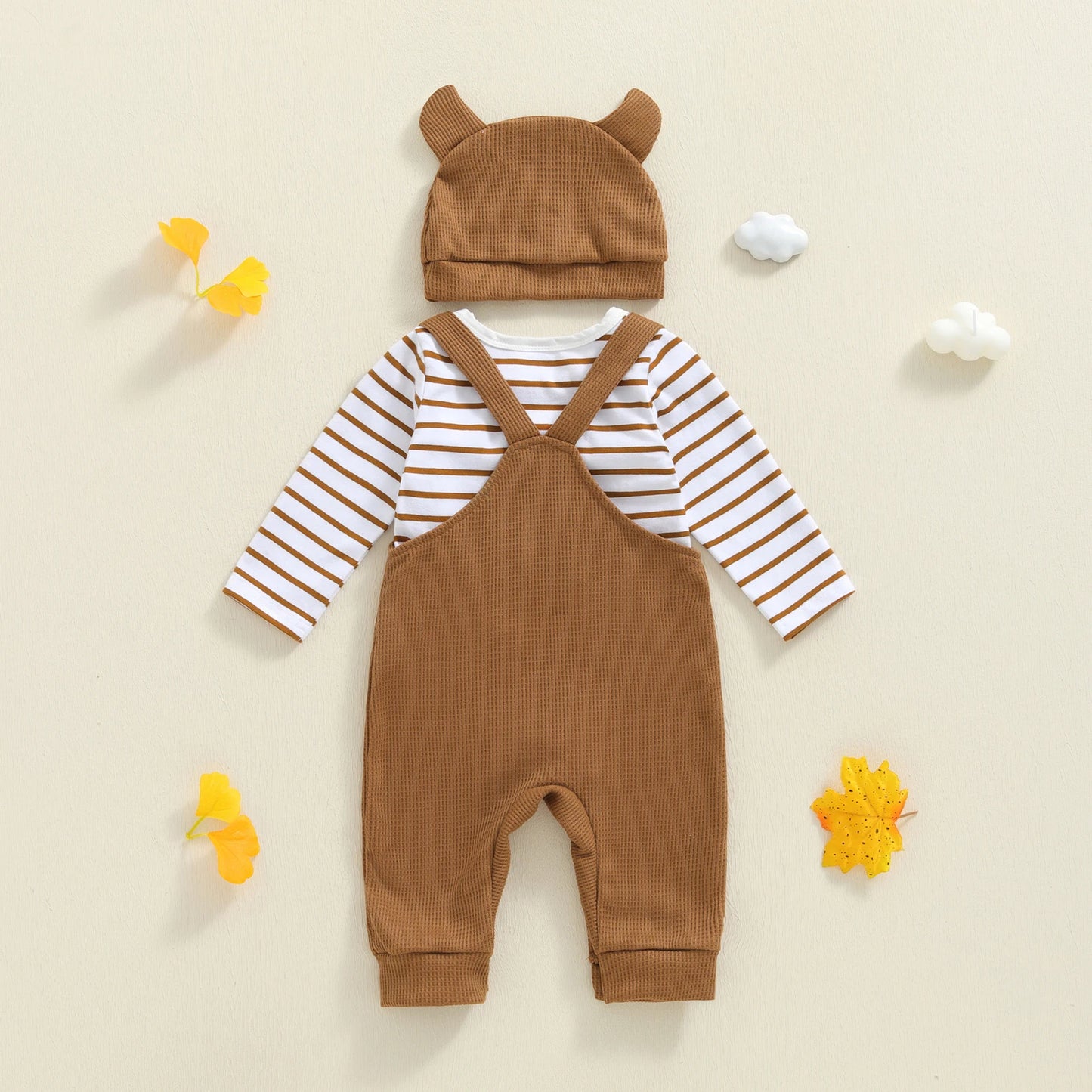 0-18M Infant Baby Boy's Clothing Sets Fashionable Long Sleeve Striped Romper with Tiger Embroidered Overalls and Hat