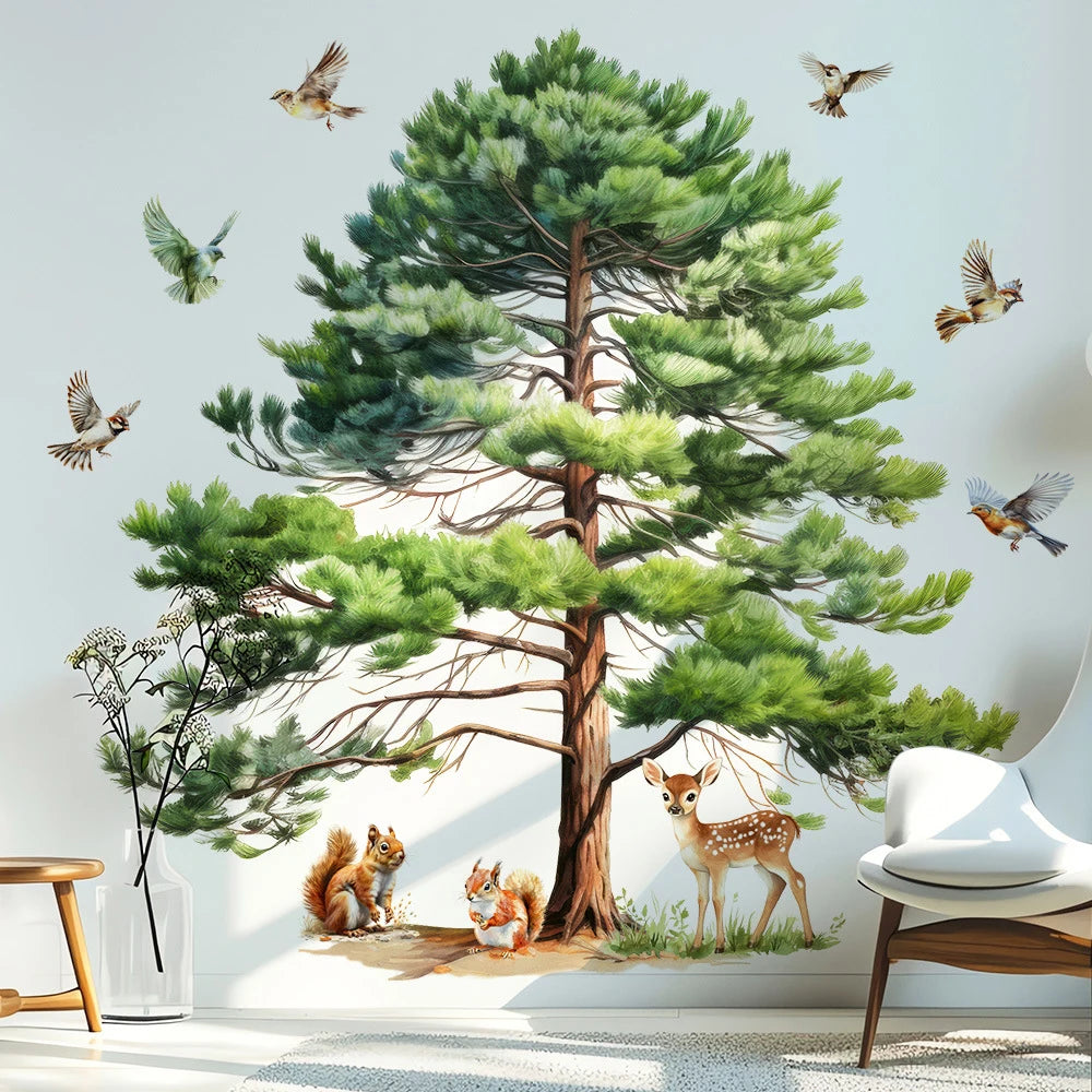 Watercolor Pine Tree Wall Decals, Forest Animal Squirrel Deer Bird Wall Stickers, Removable Nature Mural for Kids Room Nursery