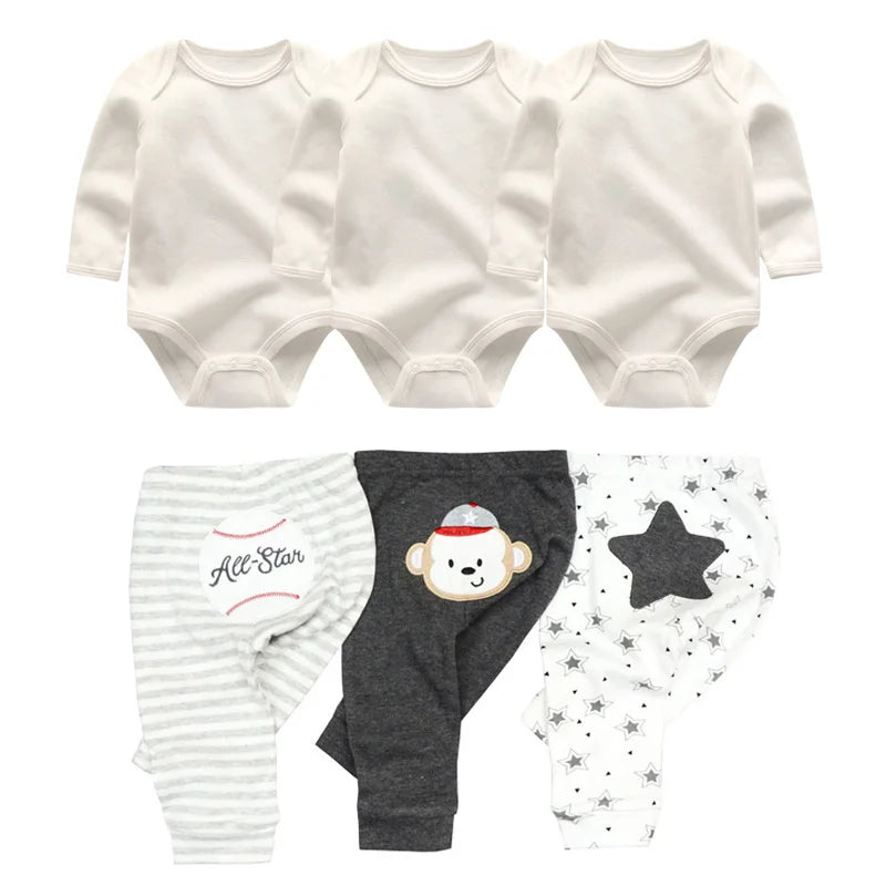 6/8PCS Cotton Baby Boy Clothes Sets Print Bodysuits+Pants Newborn Baby Girl Clothes Long Sleeve Spring Autumn