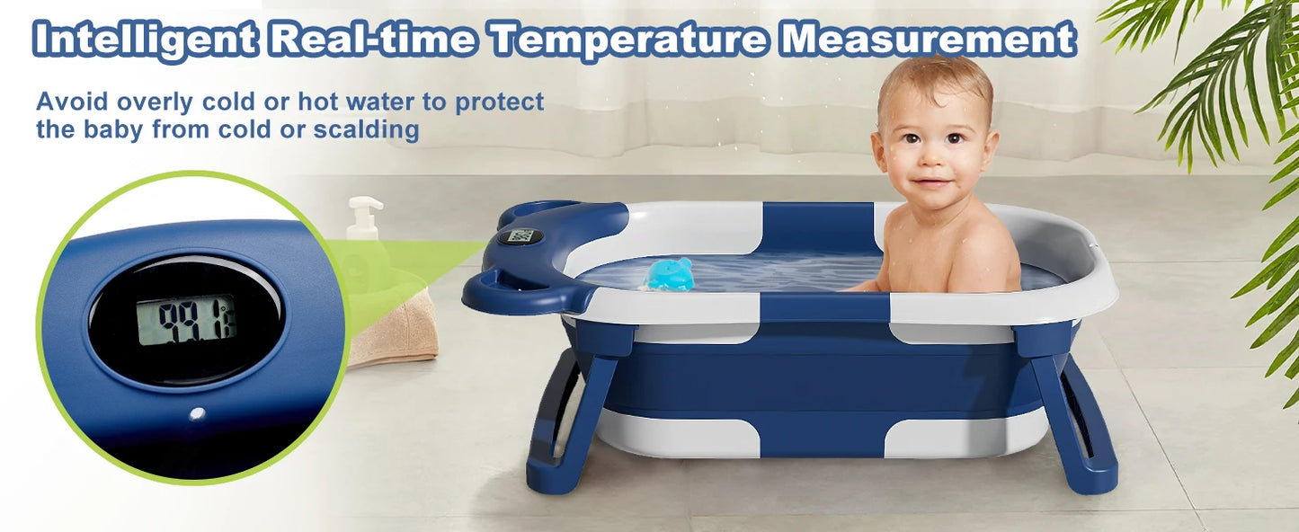 Portable Travel Bathtub, Collapsible Baby Bathtub, with Thermometer &1Soft Floating Cushion, with Drain Hole,For Baby 0-36 Month