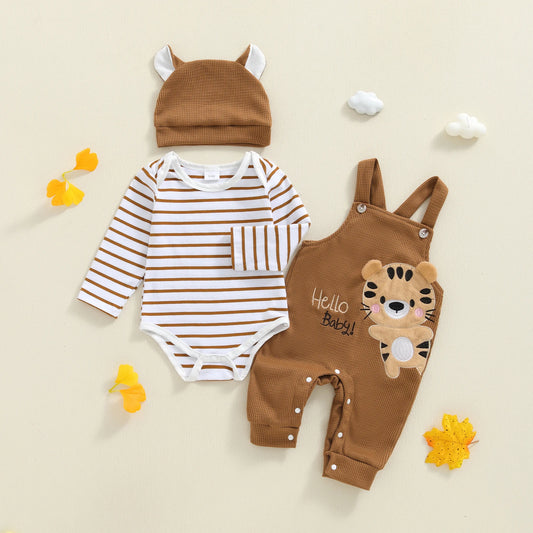 0-18M Infant Baby Boy's Clothing Sets Fashionable Long Sleeve Striped Romper with Tiger Embroidered Overalls and Hat