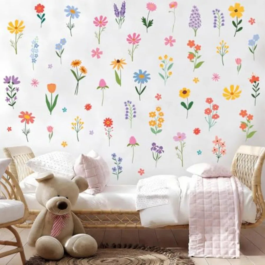 Spring Flower Wall Stickers 8 Sheets Wildflower Wall Decals Peel and Stick Floral Wall Decor for Girls Bedroom Nursery Spring R