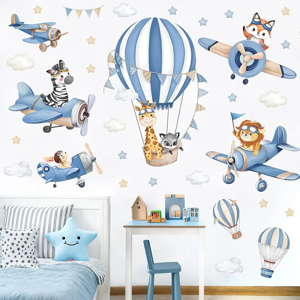 Large Blue Hot Air Balloon Animals Airplane Wall Sticker Baby Nursery Kids Room Giraffe Lion Fox Wall Decal  Bedroom Living Room