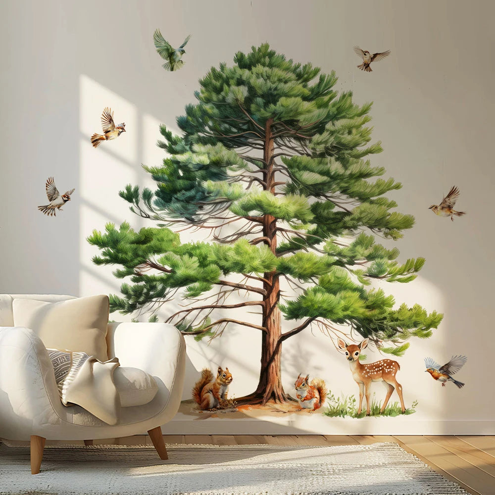 Watercolor Pine Tree Wall Decals, Forest Animal Squirrel Deer Bird Wall Stickers, Removable Nature Mural for Kids Room Nursery